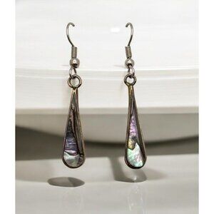 Vintage Abalone Shell Teardrop Earrings Silver Tone Dangle Drop